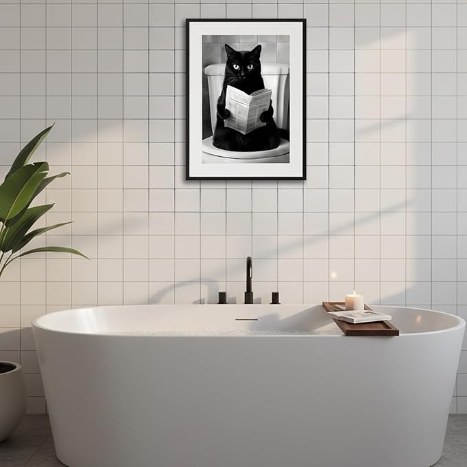 Zhfmoir Funny Black Cat on Toilet Wall Art 12x16 Inch, Humorous Bathroom Cat Canvas Print with Hooks, Waterproof Glossy Funny Animal Poster for Bathroom Decor, Office, Dorm, Gag Gift