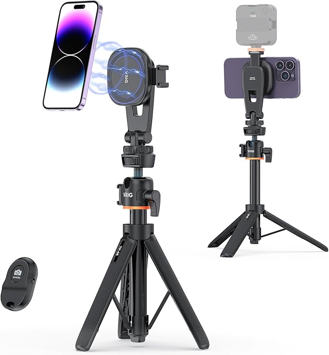 VRIG 21.6" Magnetic Cell Phone Tripod, Compatible with MagSafe, TP-06 Extendable Phone Tripod + MG-03 Magnetic Tripod Mount Stand with Wireless Remote, for iPhone 16 15 14 13 12 & All Phones