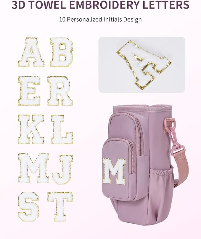 sportsnew Birthday Gifts for Women Personalized Initial Water Bottle Holder with Strap fits most 40oz Tumbler with Handle Water Bottle Carrier Bag with Phone Pocket & Straw Topper Tumbler Accessories