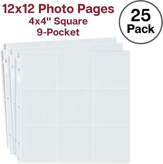 Dunwell 4x4 Photo Album Sleeves (25 Pack), Fits 12x12 3-Ring Album Binder, 12 x 12 Scrapbooking Pages with 9 Square Pockets, Photo Page Refills Holds 450 4 x 4 Prints, Archival Quality