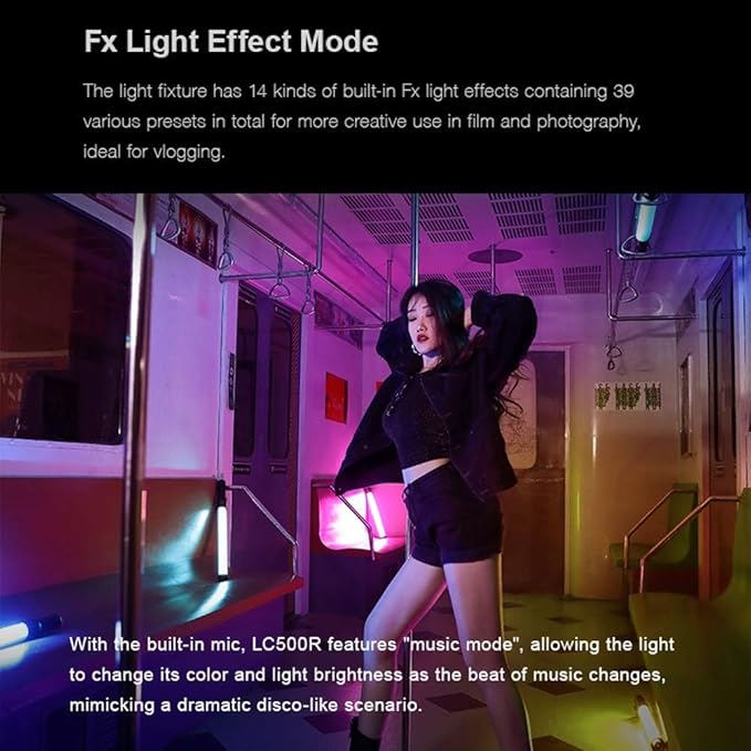Godox LC500R RGB Stick Light 23W, 3300K-5600K RGB Tube Light, LED Video Light CRI 96+ TLCI 98+ 1380 Lux@1M, 360° Colors and 14 FX Effects with RC-R9 Remote Control