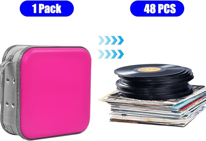 Car CD Case, 48 Capacity Hard Plastic & Non-Woven Fabric Vehicle DVD Case Holder with Zipper, Portable Automotive Disc Wallet Storage Organizer Binder for Travel, Universal Fit (Rose Red)