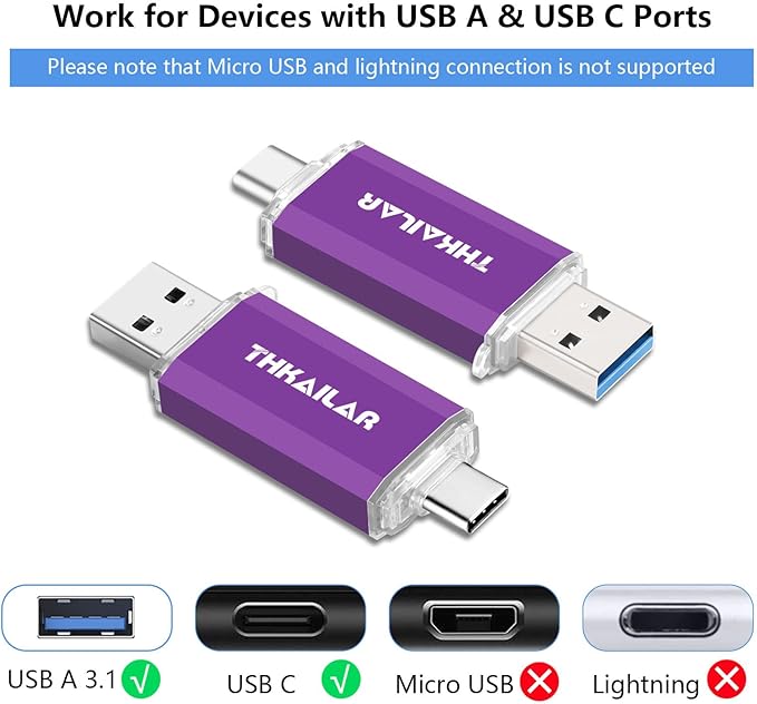 THKAILAR 64GB USB C Flash Drive 5 Pack, Dual USB-A & Type-C Flash Drive, USB 3.0 Memory Stick for iPhone 15/16, Android, Mac, PC