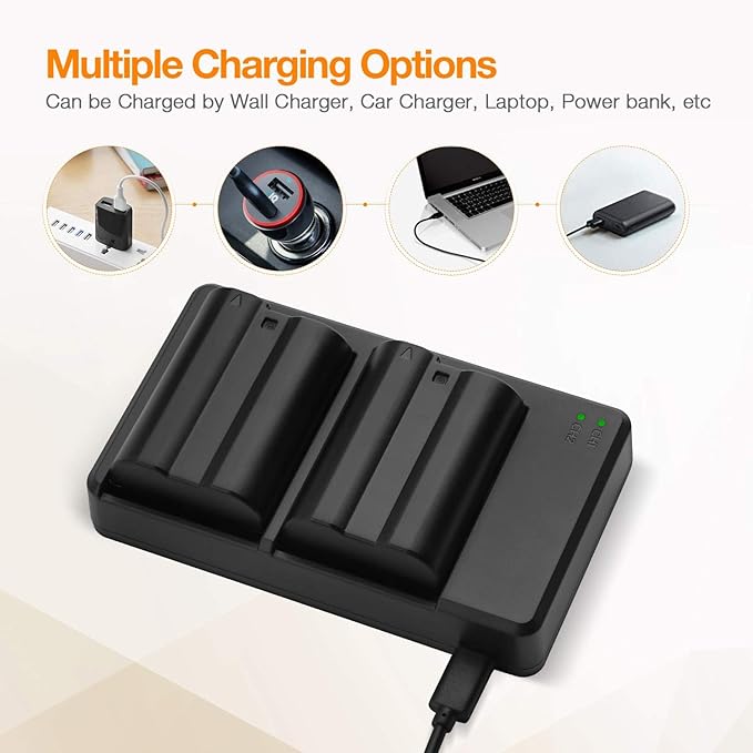 LORDONE EN-EL15C Battery (2-Pack) / EL15a /EL15b and USB Dual Charger Compatible with Nikon Z5,Z5II,Z6III,Z6II, Z6,Z7, Z8, D7500, D500, D7200, D810A,D810,D850 Batteries