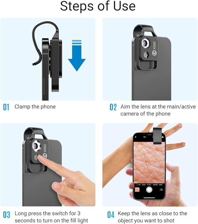 200X Phone Mini Pocket Microscope with LED Light/Universal Clip, Portable Digital Microscope Camera Attachments for 99% Smartphone, Microworld for Kids Adults (Black, 200X Without CPL)