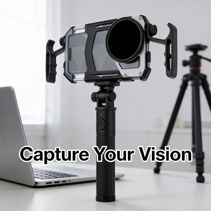 Smartphone Video Rig with Aluminum Alloy Frame, Telescopic Handle, ND Filter, Horizontal and Vertical Support - Dual Handle Stability, Expandable Mounts for Vlogging and