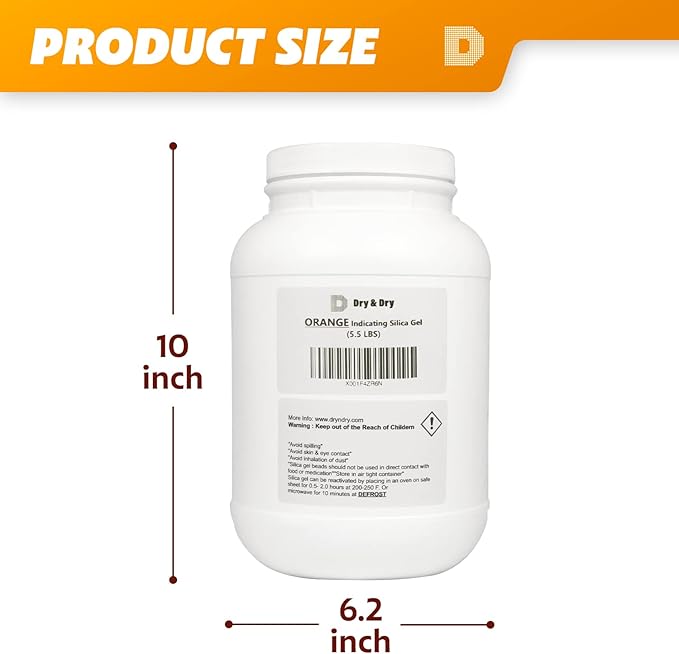 "Dry & Dry" [5.5 LBS] Premium Orange Indicating Silica Gel Desiccant Beads(Industry Standard 3-5 mm) - Rechargeable