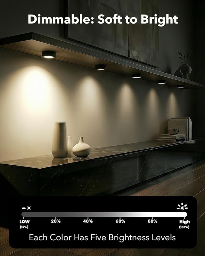 Rechargeable Puck Lights with Remote Control, 2400mAh Battery Stick On Spot Lights Indoor for Cupboards, RGB+3CCT, 4 Packs
