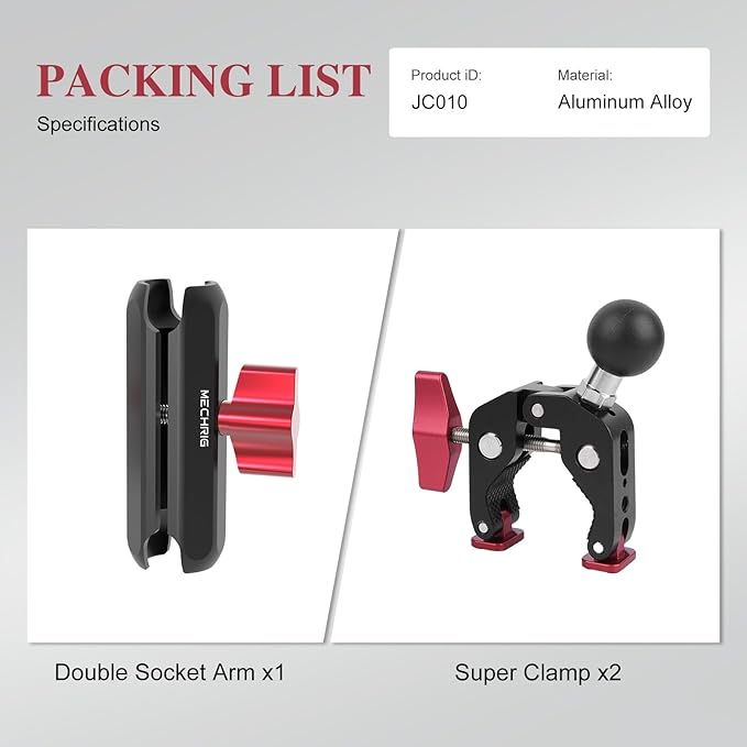 Super Clamp Double Camera Clamp,Dual Clip Mount with Magic Socket Arm - 3/8" & 1/4" Screw, Heavy-Duty Clamps for Desk & Cross Bars& Tripod & Handlebar,All Metal -Max Load Capacity 8.8LB,JC010