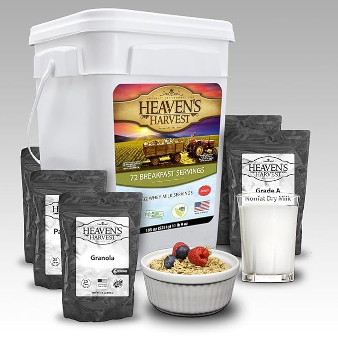 Heaven’s Harvest Emergency Food Combo Kit (One Month Supply for one person) — Emergency Food Supply. Freeze Dried Survival Food Kit with Portable Waterproof 25-Year Storage Bucket. (308 Servings)