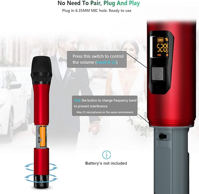 Wireless Microphone, Uhf Metal Dynamic Handheld Karaoke Mic, Rechargeable Receiver (Work 6hs),160ft Range, for Karaoke, Singing, Stage, Wedding, Speech, Karaoke Machine, Speaker, Amplifier, Mixer