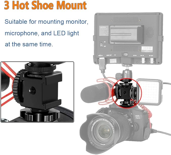 Camera Cold Shoe Mount Adapter, Aluminium Alloy Triple Hot Shoe Extension Bracket Holder for GoPro DSLR Cameras Flash Light, Monitor, Microphone