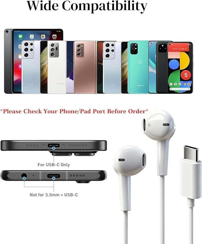 USB C Headphone for Samsung S25 S24 S23 Ultra FE Wired Earbuds in-Ear Type C Earphone with Microphone Volume Control Stereo Noise Canceling for iPhone 17 16 15 Pro Max Pixel 10