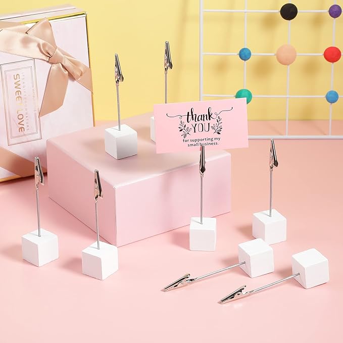 Gersoniel 20 Pcs Cube Base Memo Clip Holder with Alligator Clip Wood Table Number Holder Cube Base Place Card Stand Mini Photo Menu Stand for Displaying Number Card (White)