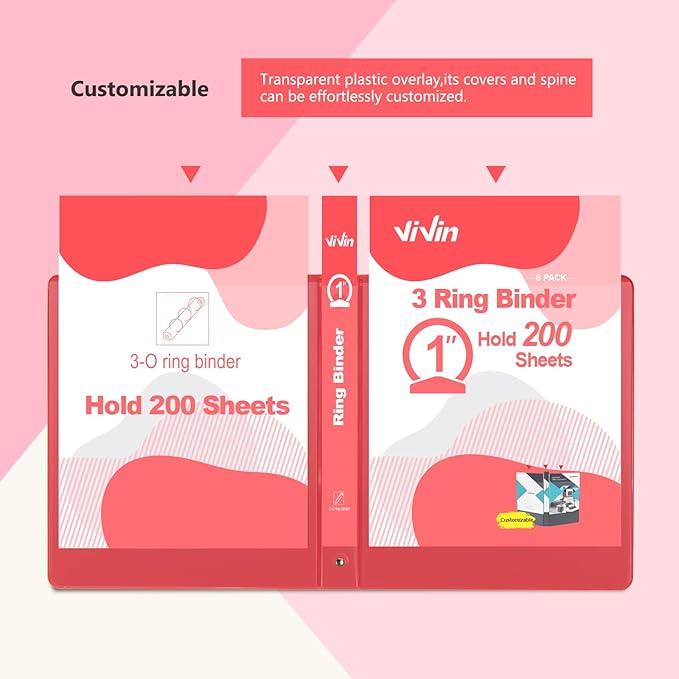 ViVin 1 Inch Round Ring View Binder for Durability, Standard 3 Ring Binder for 200 Sheets of US Letter Size Paper, PVC-Free, 6-Pack (Red)