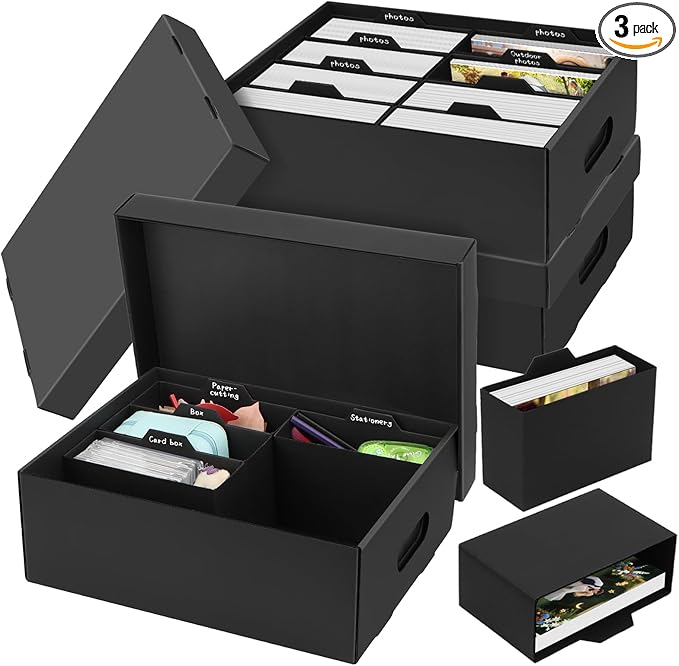 ATPWONZ 3 PCS Photo Storage Box for 5"x7" Photos, with 24 Inner Picture Boxes, 15“ x 10.3“ x 6.1“ Photo Organizer Box, Portable Scrapbook Photo Boxes with Lid, for Photo Stickers Stamps Seeds(Black)