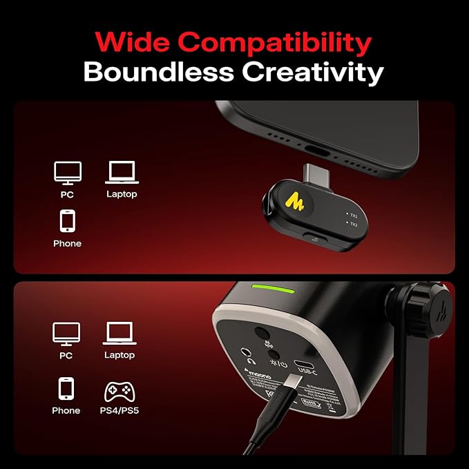MAONO PD100WS Wireless Gaming Microphone for PC, Dynamic Streaming USB Mic with 3 Level Noise Cancelling,RGB,Mute Button, Software EQ,Computer Boom Mic for Podcast, Vocal Recording, Black