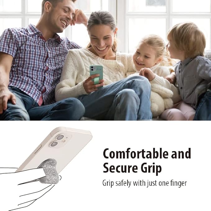 Momostick Flatstick, Cell Phone Finger Grip Strap Holder for Hand, Cell Phone Stand, New Slim Finger Loop Selfie Grip Compatible with Most Smartphones - Glitter Silver