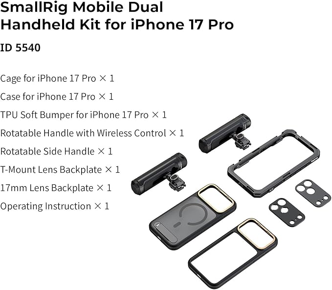 SmallRig Phone Video Cage Dual Handheld Kit for iPhone 17 Pro, Phone Rig with Wireless Quick Release Side Handle, 17mm T-Mount & Lens Backplate for Video Recording/YouTube/Live Streaming/Vlog - 5540
