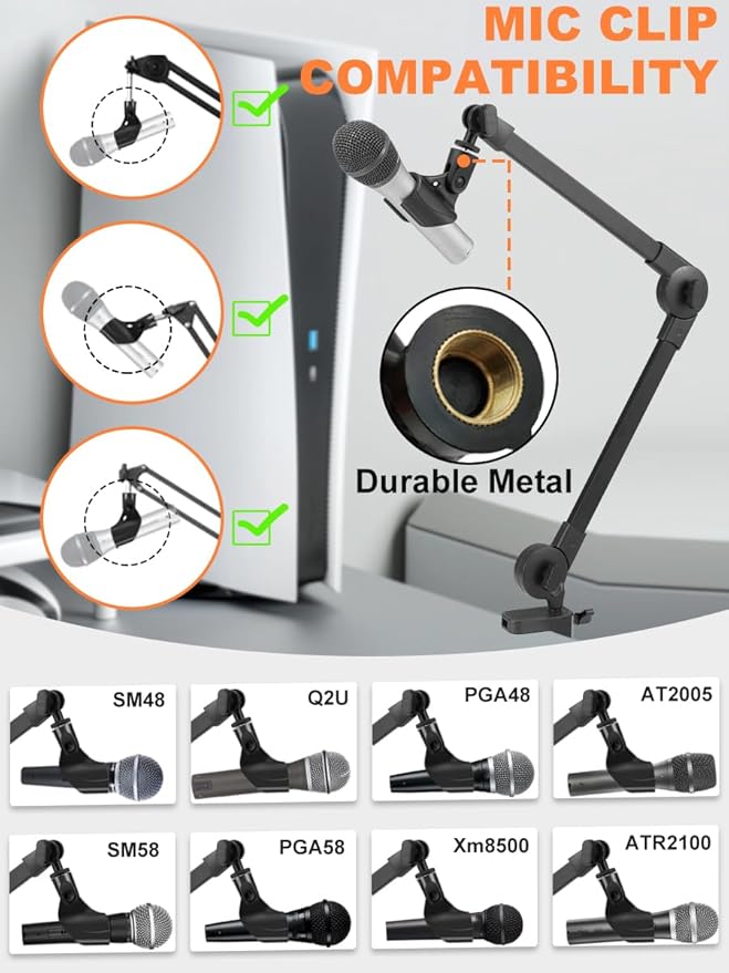 Microphone Boom Arm Mic Stand, Adjustable Suspension Boom Scissor Arm Stand with Mic Clip Holder and Heavy Duty Clamp for Streaming Podcast Recording Studio