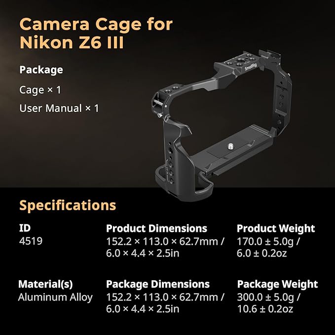 SmallRig Z6 III Camera Cage for Nikon Z6 III, Aluminum Alloy Camera Full Cage with Anti-Twist Design, Quick Release Plate for Arca-Swiss - 4519
