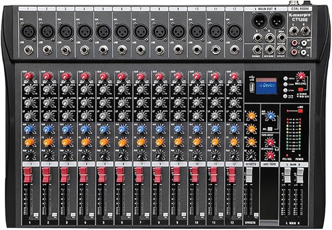 12 Channel Professional Audio Mixer Console Sound Board with 48V Phantom Power,USB Audio Interface for Live Show,Streaming Recording Music Stage Karaoke