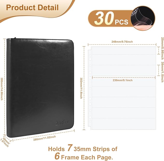 35mm Film Negative Storage Binder Box Kit - 30 Pcs Clear Sleeves, 135 Film Negative Holder for 3 Ring Binder, Acid-Free Protector, Storage Sheets for Film Travel Organization, Holds 1260 Frames, Black