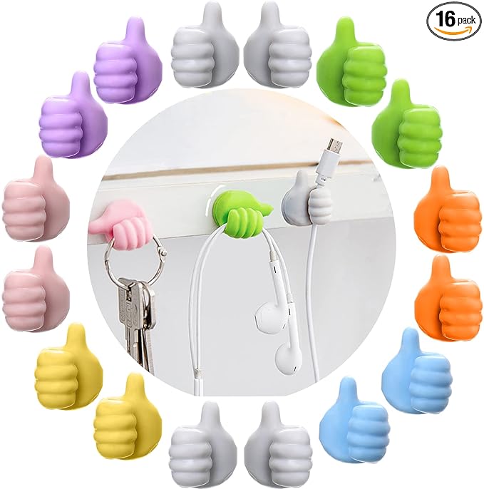 16Pcs Creative Silicone Thumb Wall Hook - Multifunction Adhesive Cable Clip ，Self Adhesive Thumb Cable Organizer Clips Key Hanger