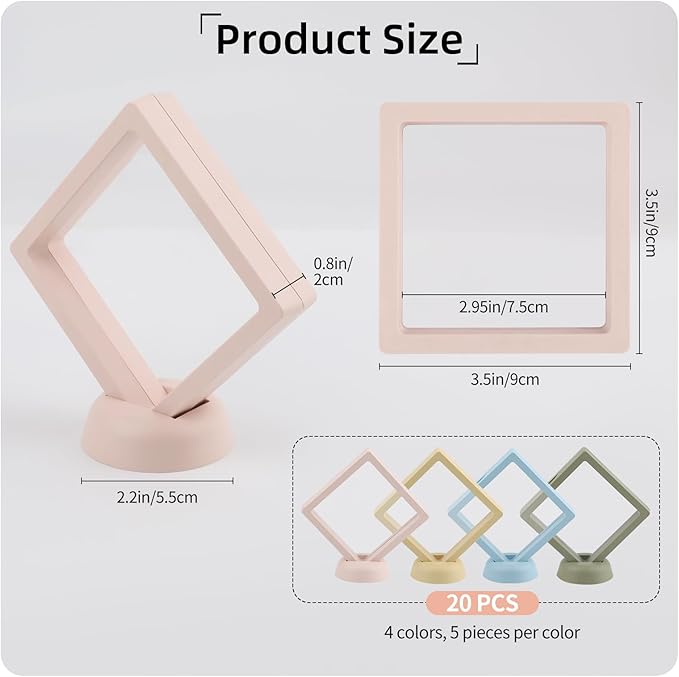 20 Pcs Floating Frame Case with Stands, 3.5X 3.5 x 0.8 inch, Challenge Coin Display,Transparent PE Jewelry Storage Box, Floating Display Holder Stands for Antique Challenge Coins, Medallion(4 Color)