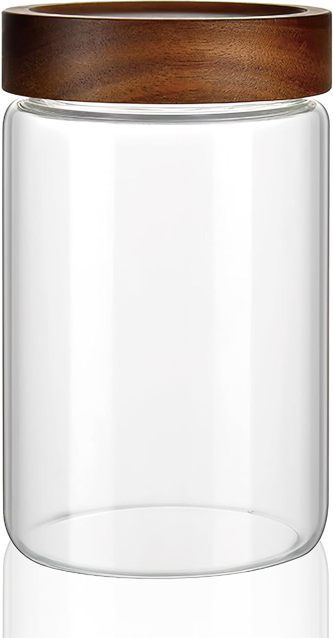 MOLADRI 28 fl oz/850 ml Clear Glass Storage Canister with Airtight Wooden Screw Lid, Medium Cute Decorative Glass Container Jar for Coffee,Candy,Salt,Cookie,Condiment,Pepper,Sugar,Overnight Oatmeal
