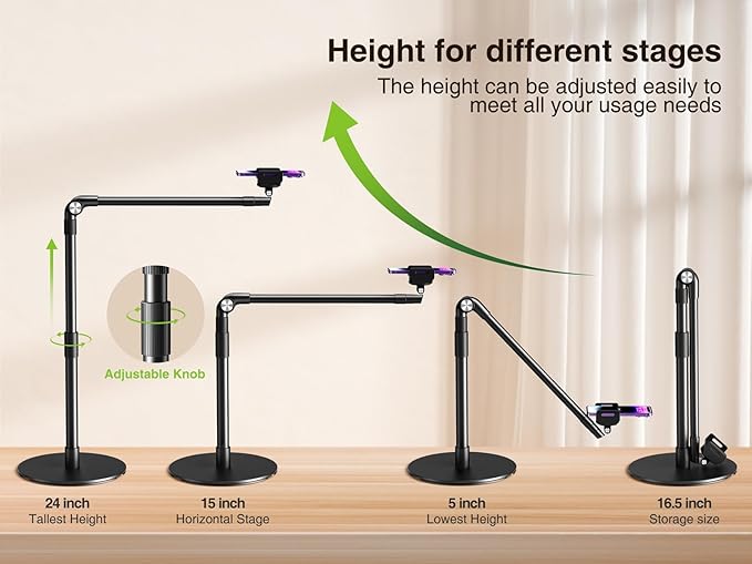 elitehood Heavy Duty Aluminum Overhead Phone Stand, 15 in Long Arm iPhone Holder for Video Recording, 360 Degrees Swivel Tilt Overhead Phone Mount for Filming, Meeting, Cooking, Painting and Crafting