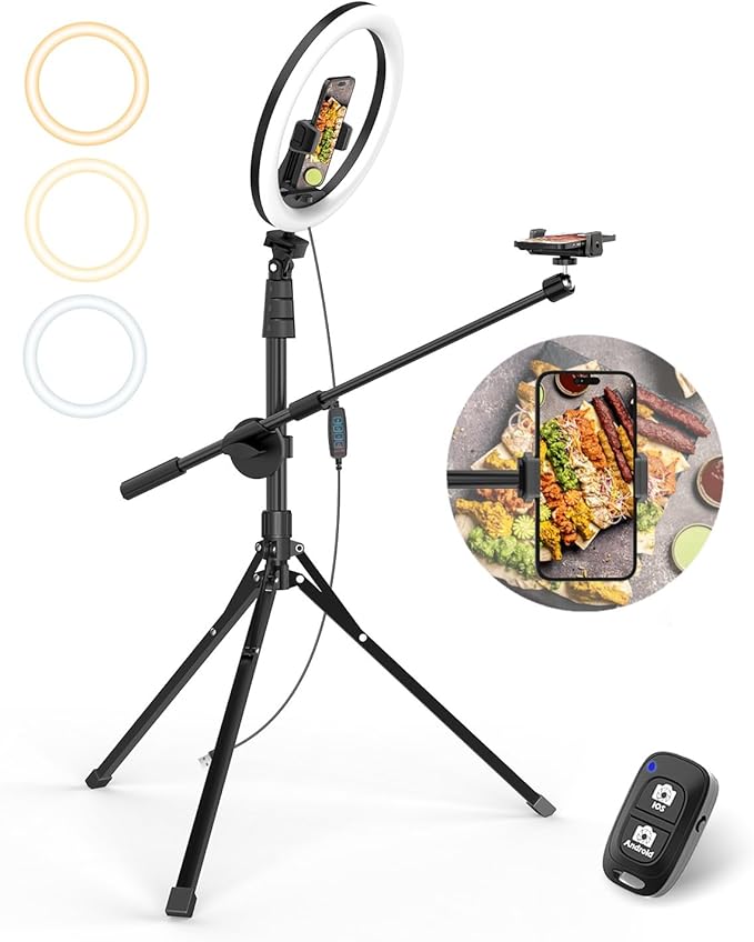 UBeesize 12" Ring Light with Overhead Phone Mount, Selfie Light with Stand,62" Tripod for iPhone with Light and Phone Holder for Video Recording,Cooking,Photography,Live Streaming,Tiktok,YouTube