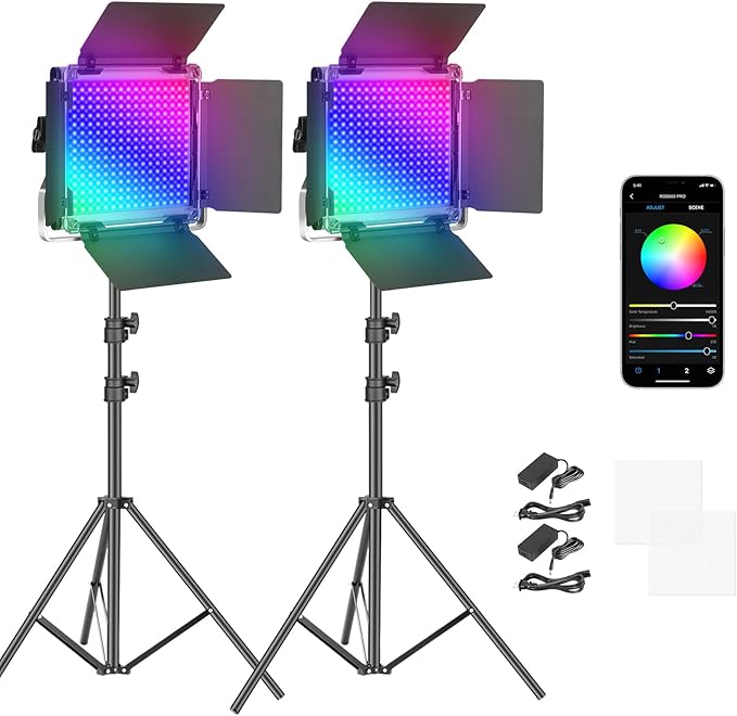 NEEWER 2 Pack 660 PRO RGB LED Video Light with App Control Tripod Stand Kit, Studio Panel Key Lighting for Gaming Streaming Zoom YouTube Webex Photography, 360° Full Color, 50W Dimmable