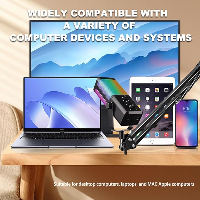 USB Gaming Microphone with Boom Arm - Professional RGB Condenser Mic for PC/PS5 - Triple-Knob Control (Mic Gain, Headphone Vol, Monitor Mix) - Zero Latency Streaming Kit