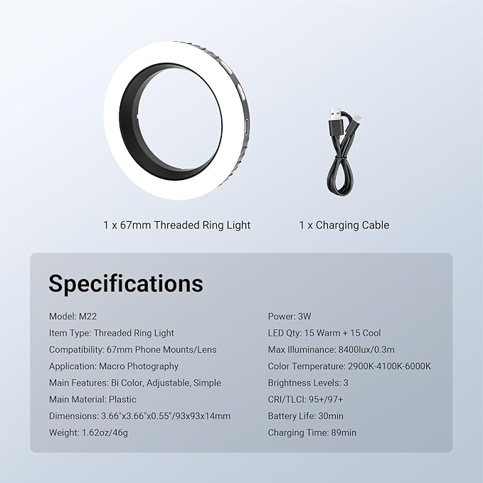 NEEWER Basics 67mm Threaded Ring Light for 67mm Phone Mounts/Cases/Lens, Rechargeable Bi Color LED Selfie Photo Fill Lighting CRI95+for TikTok Video Recording Vlog Streaming Macro Photography, M22