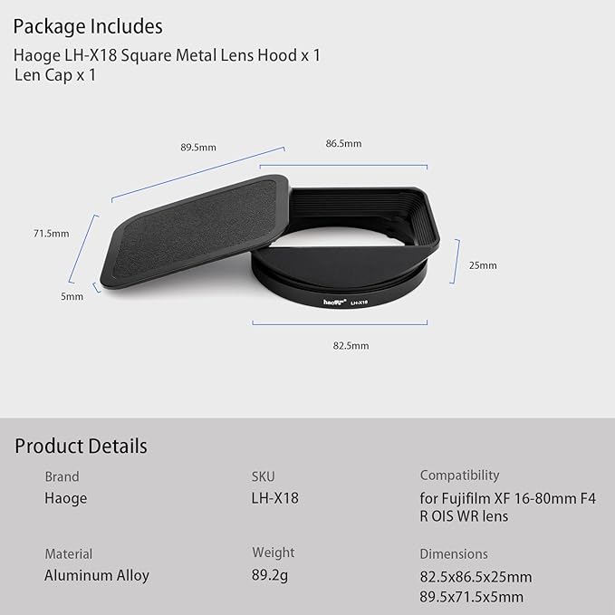 Haoge LH-X18 Bayonet Square Metal Lens Hood Shade with Cap for Fujifilm XF16-55mmF2.8 R LM WR II Fuji Fujinon XF 16-80mm F4 R OIS WR Lens
