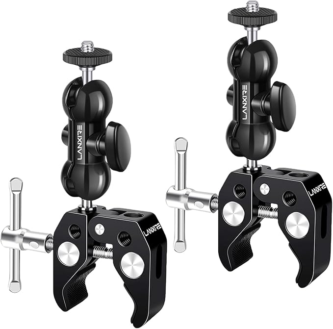 Camera Mount Super Clamp with Double Ball Head Magic Arm - 360° Rotation - 1/4" and 3/8" Threaded Holes - Fits for Cameras, Led Lights, Monitor, Flash, Microphone - 2 Pack