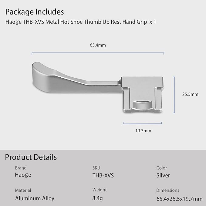Haoge THB-XVS Metal Thumb Grip Up Rest Hand Grip for Fujifilm X100VI Fujinon X100V Camera Accessories Silver Hot Shoe Thumb Up