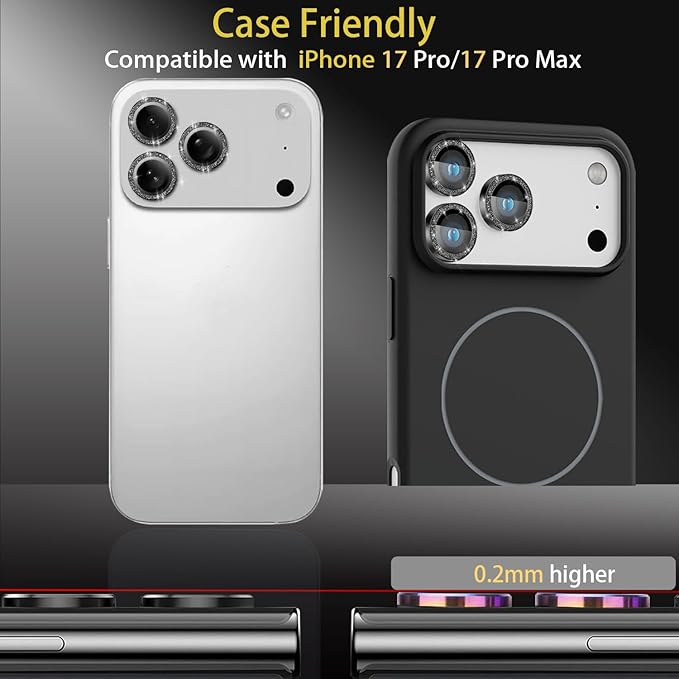 Camera Lens Protector for iPhone 17 Pro/17 Pro Max, Aluminum Alloy Tempered Glass Lens Protector with Installation Frame Fits for iPhone 17 Pro/17 Pro Max (Glitter Black)
