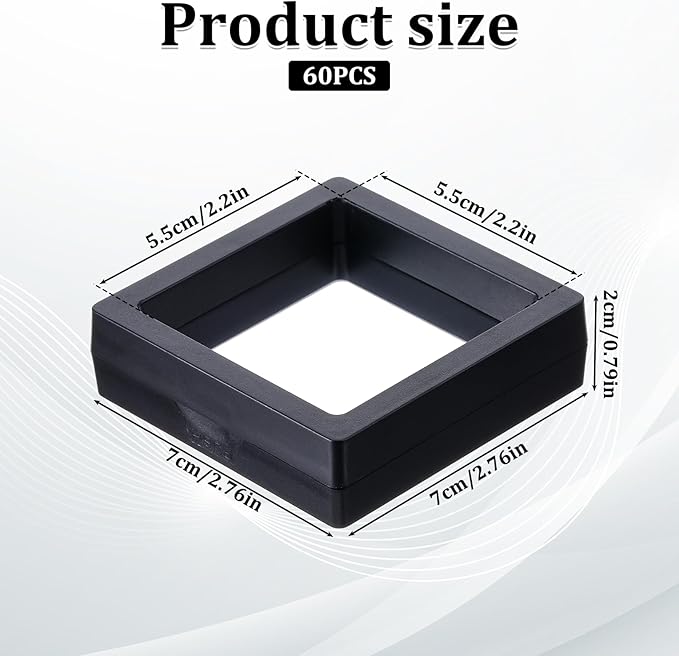 Prasacco 60 Pcs Floating Display Case,Coin Frame Displays Holder Stands Black 3D Floating Display Case for Challenge Coin Rock Pin Shells Specimen Jewelry(2.75×2.75×0.8 Inches)