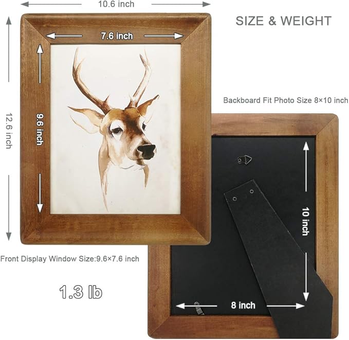8x10 Picture Frames,Brown Rustic Wood Frame with Glass Front, Display 10x8 inch Photos for Table Top Display and Wall Mounting