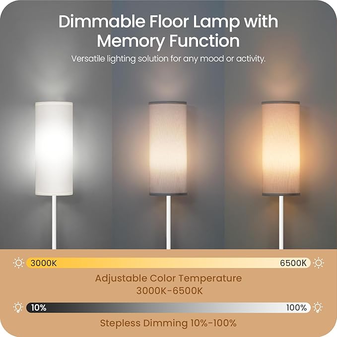 White Dimmable Floor Lamps for Living Room with Remote and Foot Switch, 64.4” Modern Standing Tall Lamp, Corner Lamp for Bedroom, Office, Bulb Included, 3000K-6500K, FCC Listed WCW06LD05W1