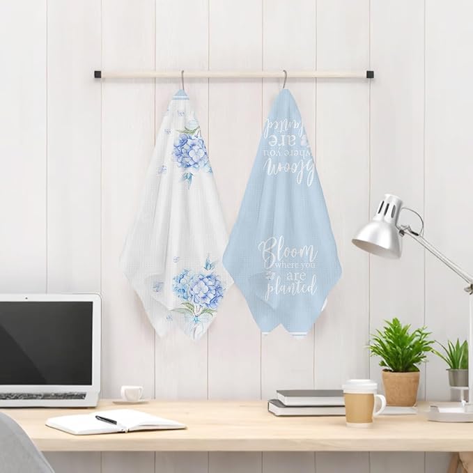 2Pcs Hydrangea Bouquet Kitchen Towels, 24x14 Inch Spring Butterfly Waffle Hand Towels for Kitchen Farmhouse Decor, Absorbent Durable Microfiber Dish Cloth Tea Towel, Home Gifts for Women Mom