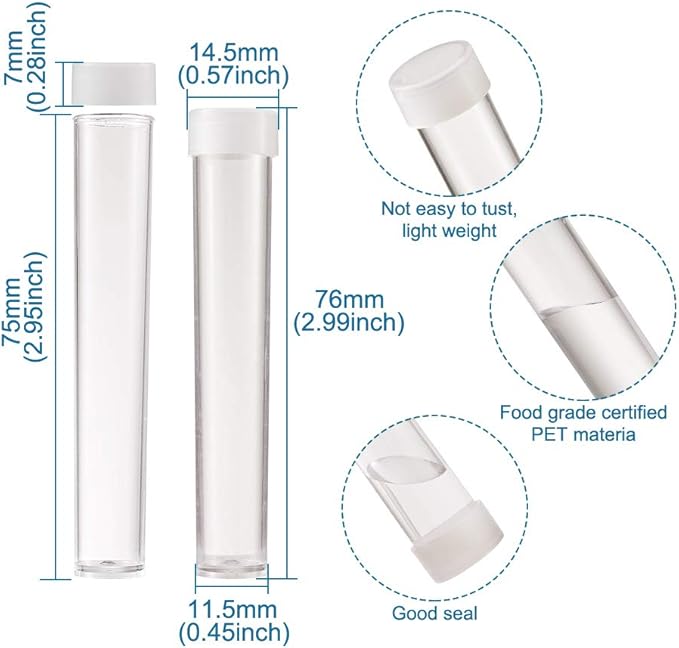 Craftdady Clear Plastic Tube Bead Chunky Bamboo Tube Beads 100Pcs Transparent Storage Test Tubes with Caps 78x13mm (3.07x0.5 inch)