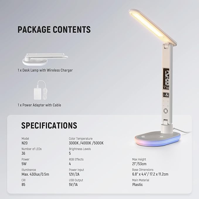 NEEWER Entry Level Version Desktop LED Lamp with USB A Output for Desk, 3 Modes/5 Brightness Levels/4 RGB Effects/CRI85, LCD for Temp/Date/Time/Alarm, Home Office Reading Eye Caring Touch Light, N20