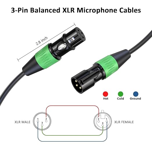 XLR Cables, Microphone Cable 10ft 6 Pack, Gold-Plated 3-pin XLR Speaker Cables Male to Female Balanced Mic Cable for Microphones, Stage Lighting, Speaker Systems and More
