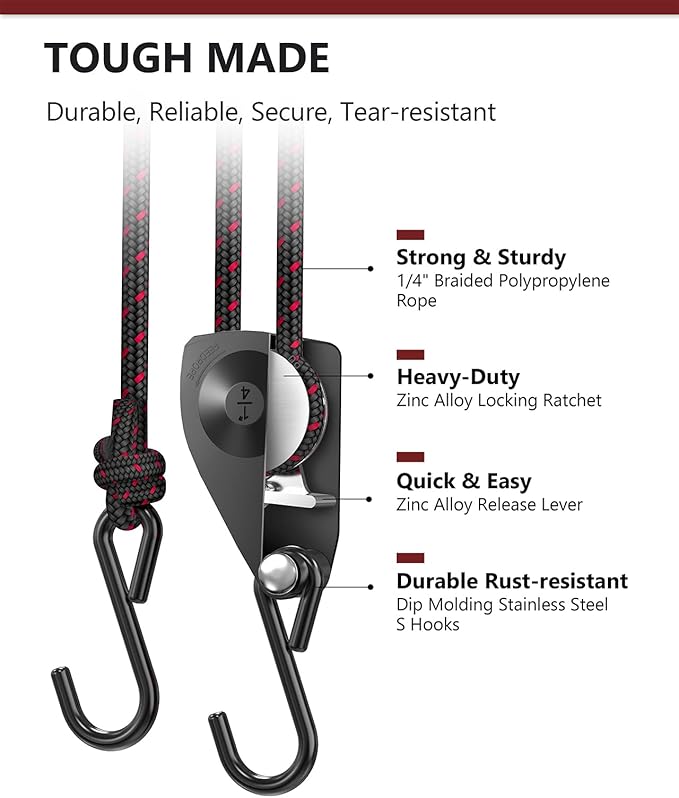 VIPARSPECTRA Ratchet Tie Down Straps, 1/4" Adjustable Rope Hangers [4 Pack, 12FT, 150 lbs/Pack], Heavy Duty Kayak Pulley System with Hooks for Garage Cargo Trucks Tents Grow Lights Various Lashing