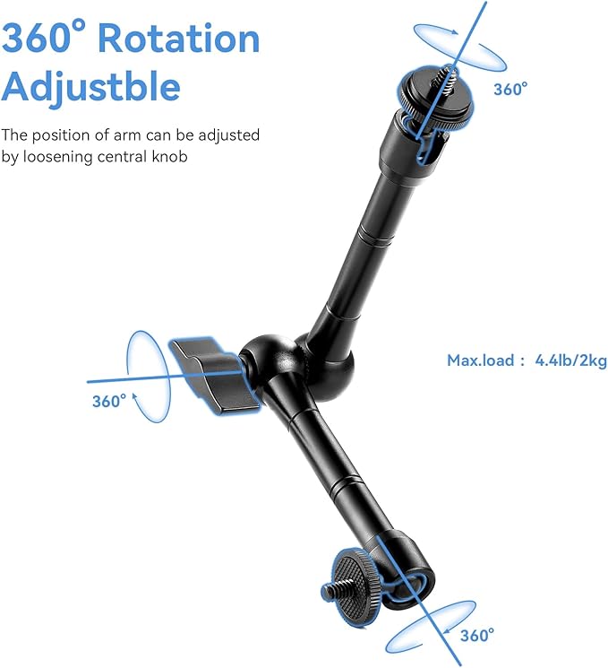 UTEBIT 11" Adjustable Magic Arm with Super Clamp, 360° Ball Heads with ARRI 1/4" & 3/8" Thread Screw for Flash/LED Light/Microphone/Monitor, Compatible with SmallRig Camera Cage, Max Load: 4.4lb/2kg