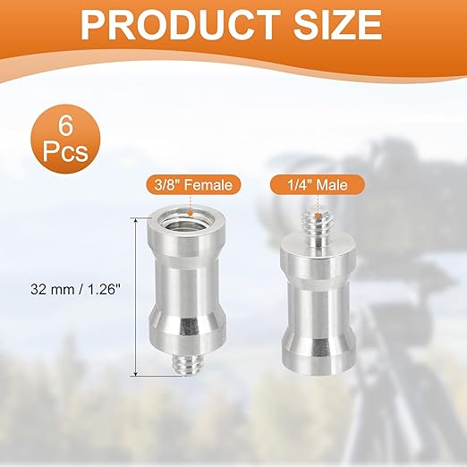 PATIKIL Camera Spigot Screws Converter 3/8" x 1/4" Female to Male, 6 Pack Tripod Screw Adapter Spigot Stud for Light Stand Hot Shoe Cold Shoe Adapter Ball Head Flash, Silver