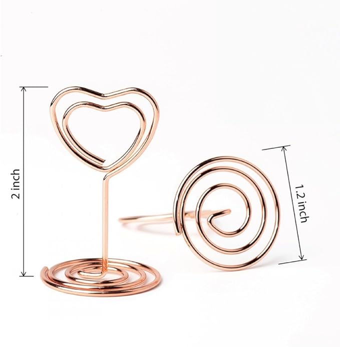 Jofefe 20pcs Mini Place Card Holder, Table Number Holders, Table Card Holders, Table Number Stands, Wire Table Picture Photo Holder with Heart Shaped Menu Clips for Wedding Favors (Rose Gold)